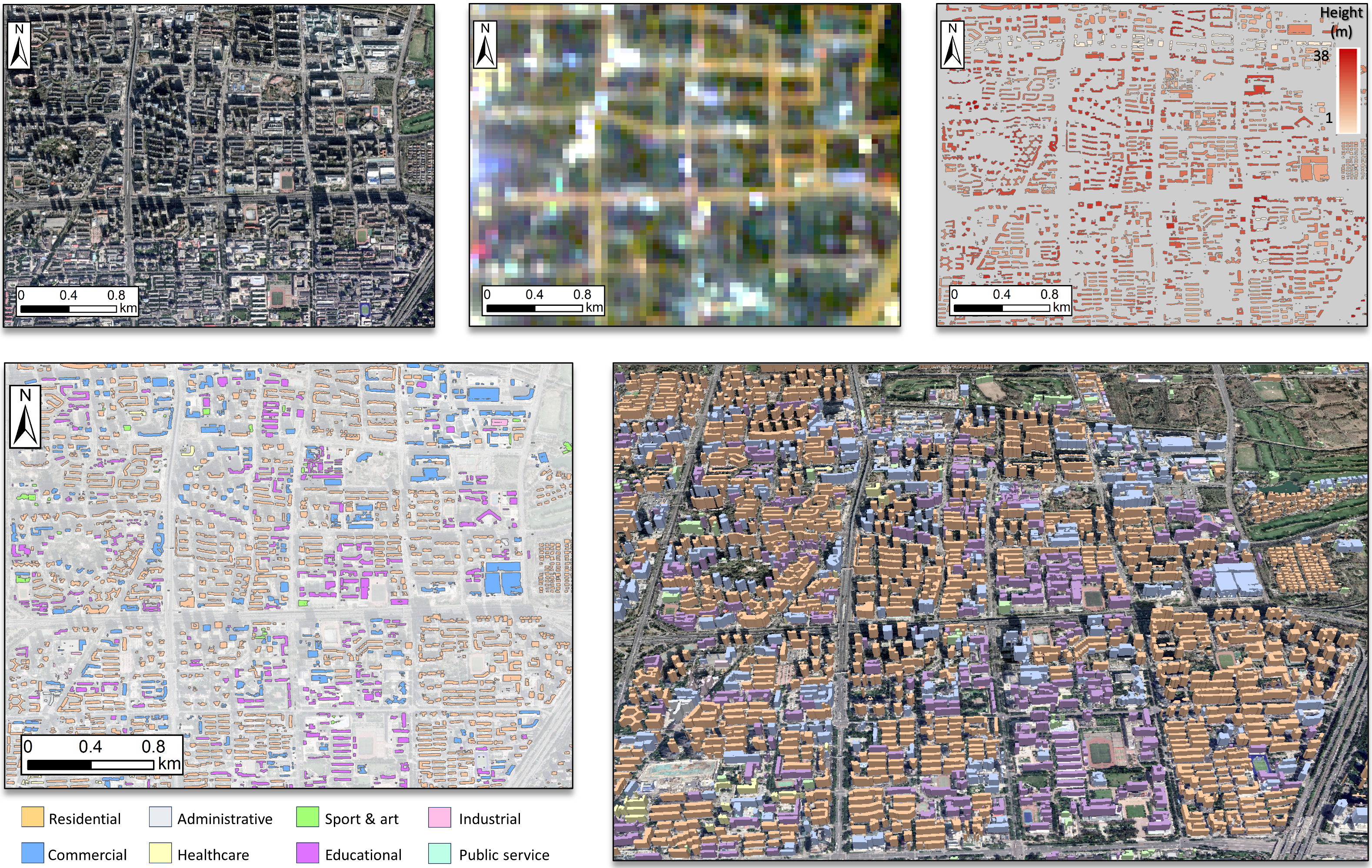 We combined optical imagery, nighttime lights, and building height to map eight building function types: residential, administrative, sports and arts, industrial, commercial, healthcare, educational, and public services.